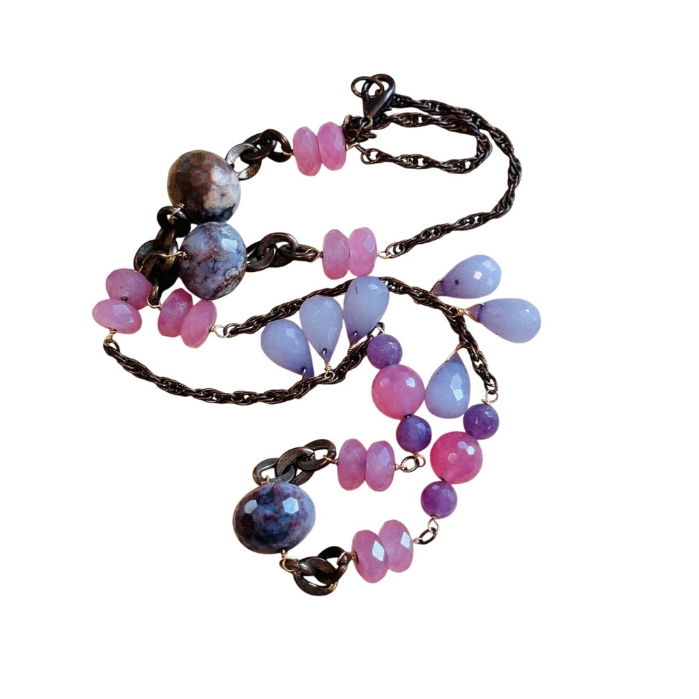VTG Y2K Pastel Stone Glass Necklace BOHO‎ Artisan Mod Copper Chain Rare OOAK 26"
